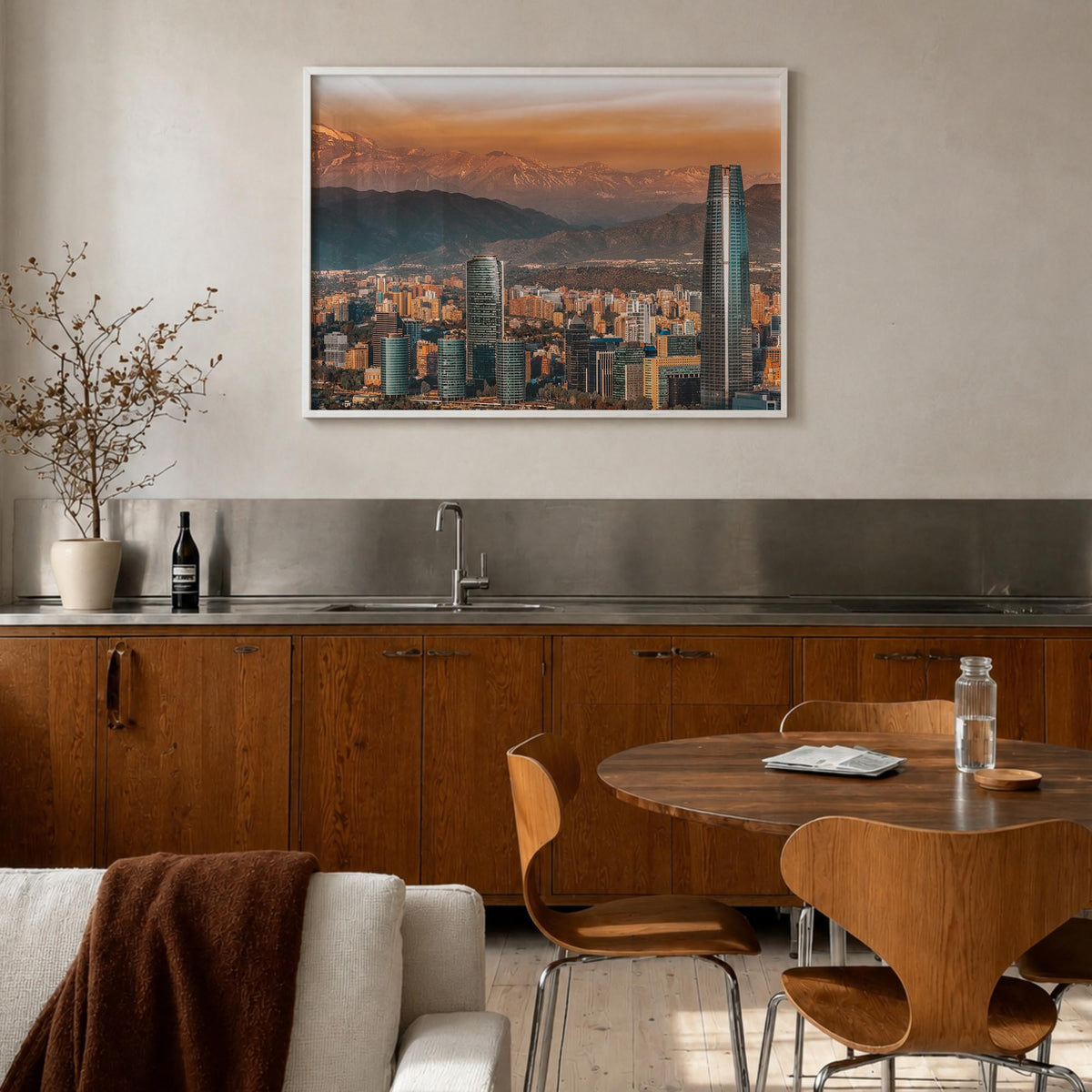 Santiago de Chile colorful photo poster of Chile – horizontal wall art in white wood frame, hanging on wall