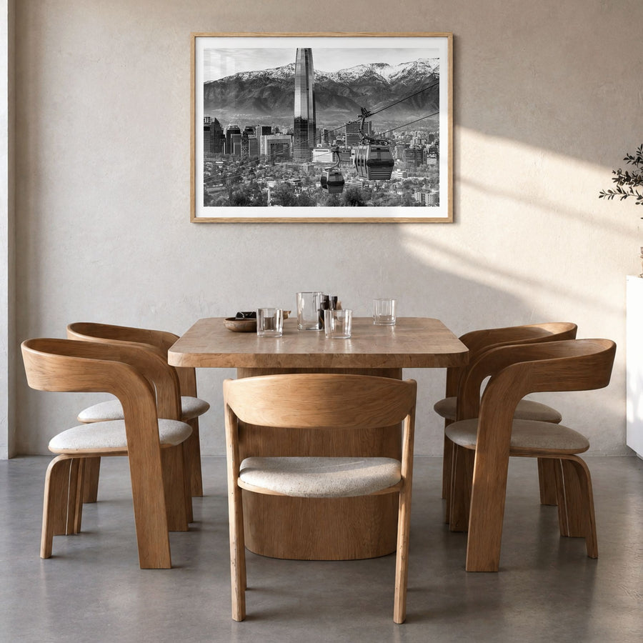 Santiago de Chile Photo Poster in a natural wood frame, hanging in a dining room, white border