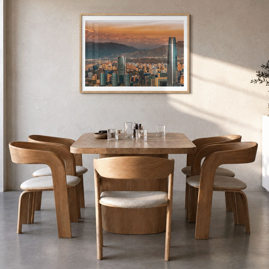 Santiago de Chile Photo Poster in a natural wood frame, hanging in a dining room, white border