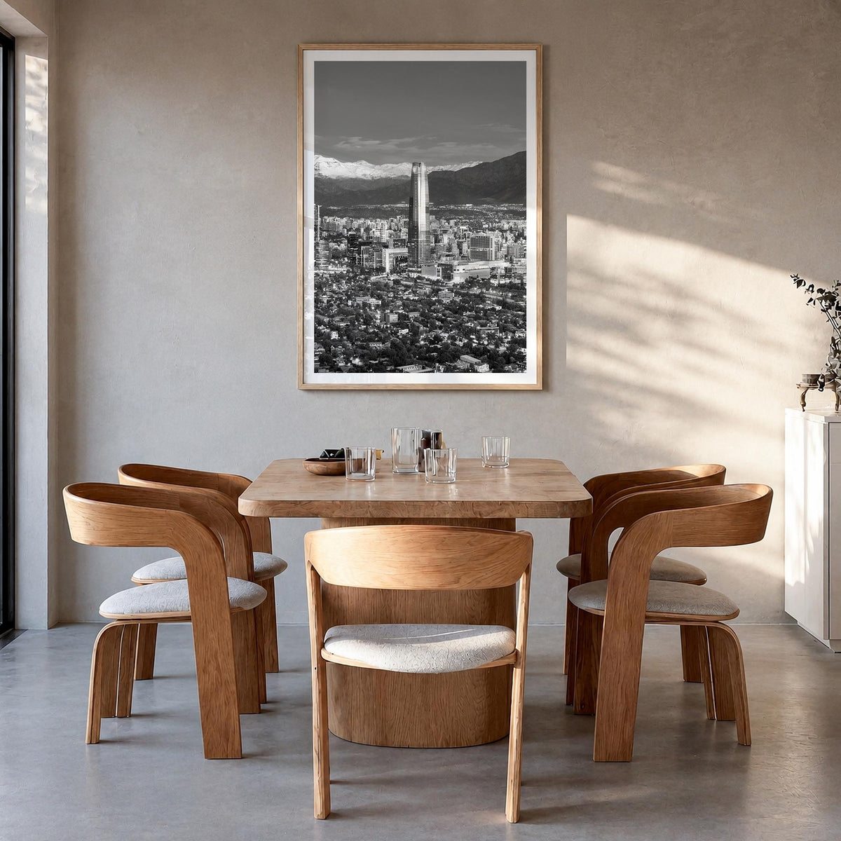 Santiago de Chile no. 1 black & white photo poster of Chile – vertical wall art in natural wood frame with white border, hang