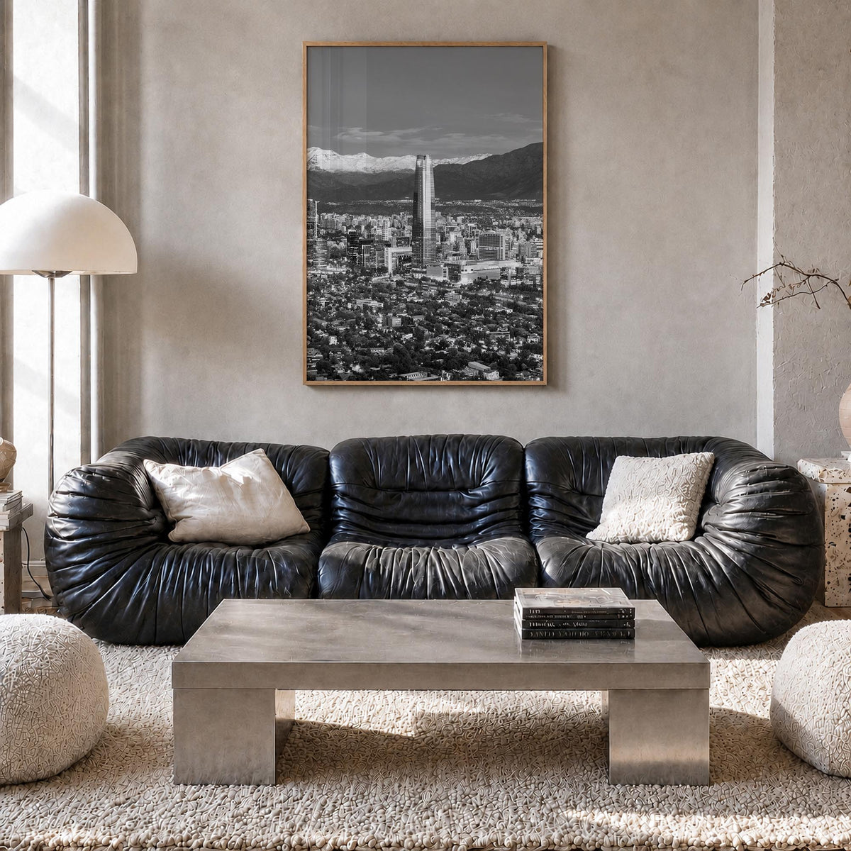 Santiago de Chile no. 1 black & white photo poster of Chile – vertical wall art in natural wood frame, hanging on wall