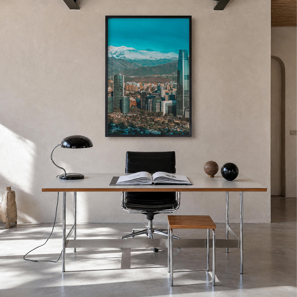 Santiago de Chile no. 1 colorful photo poster of Chile – vertical wall art in black wood frame, hanging on wall