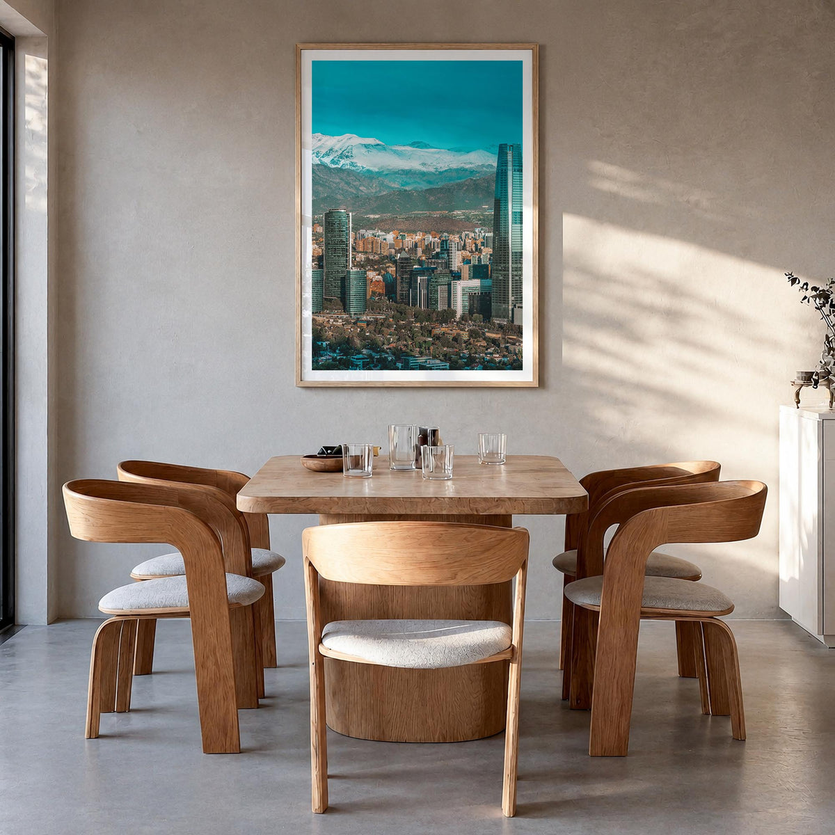 Santiago de Chile no. 1 colorful photo poster of Chile – vertical wall art in natural wood frame with white border, hanging o