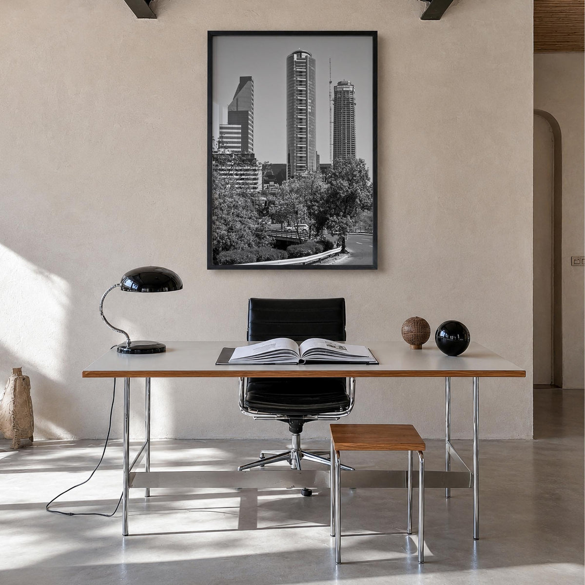 Santiago de Chile no. 2 black & white photo poster of Chile – vertical wall art in black wood frame, hanging on wall