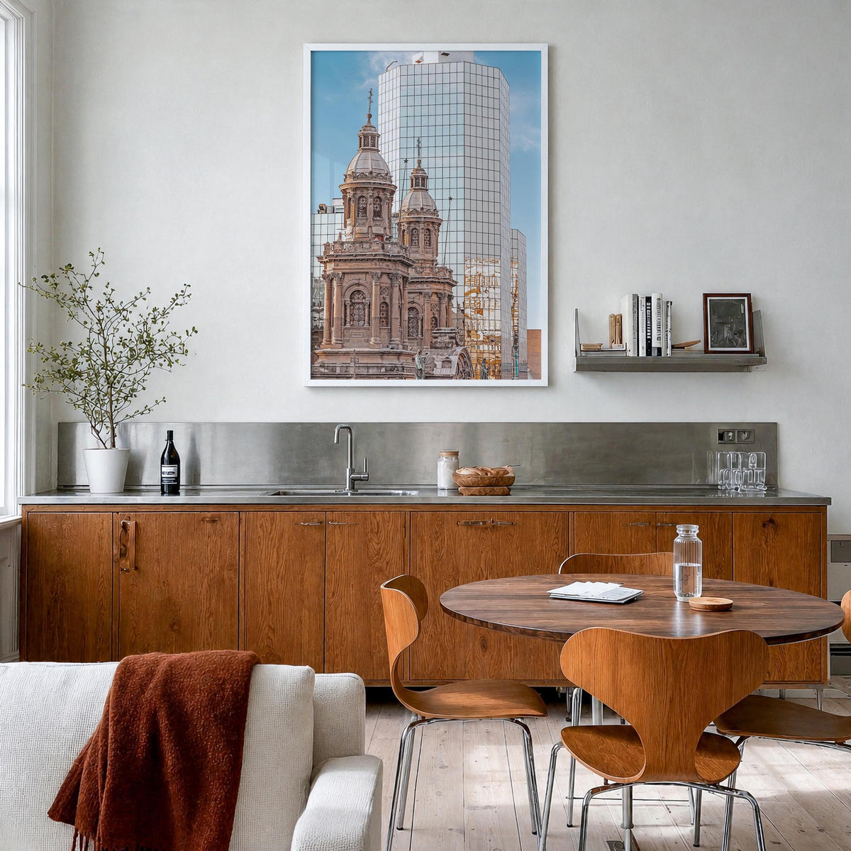 Santiago de Chile no. 2 colorful photo poster of Chile – vertical wall art in white wood frame, hanging on wall