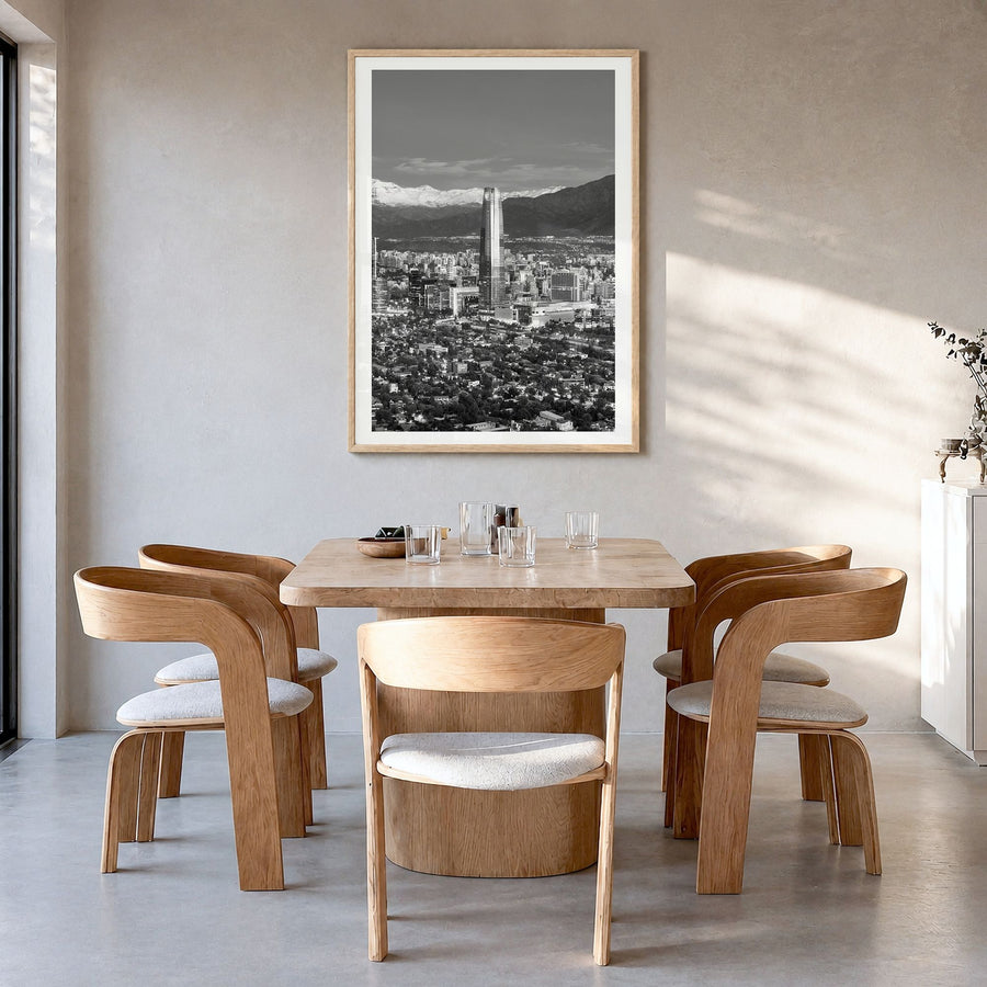 Santiago de Chile Photo No 1 Poster in a natural wood frame, hanging in a dining room, white border
