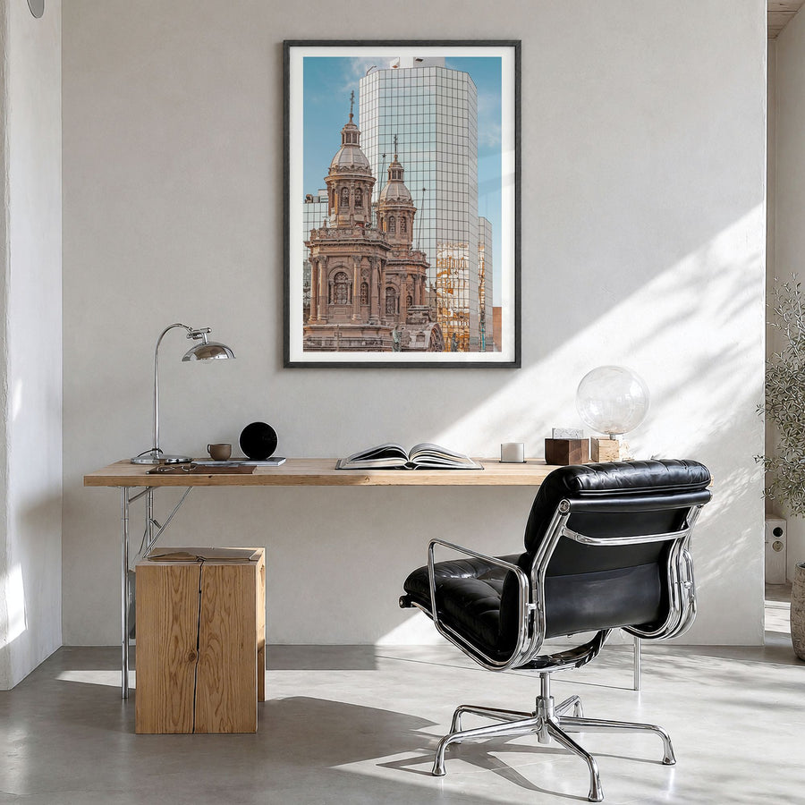 Santiago de Chile Photo No 2 Poster in a black wood frame, hanging in a bright home office, white border