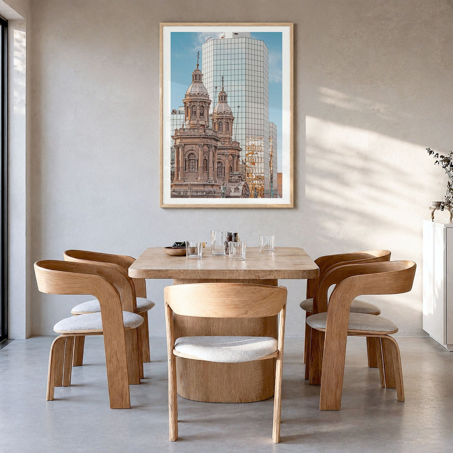 Santiago de Chile Photo No 2 Poster in a natural wood frame, hanging in a dining room, white border