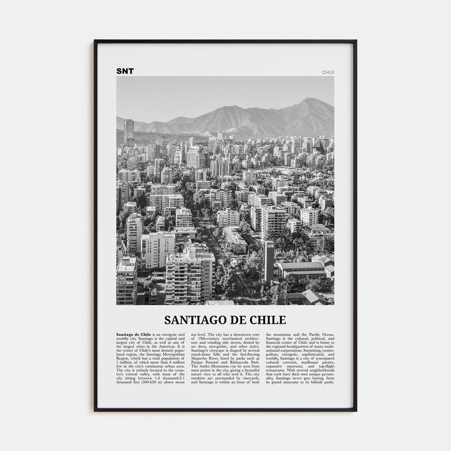 Santiago de Chile Poster Black Metal / 8x12 in Nbourhood Travel B&W Poster