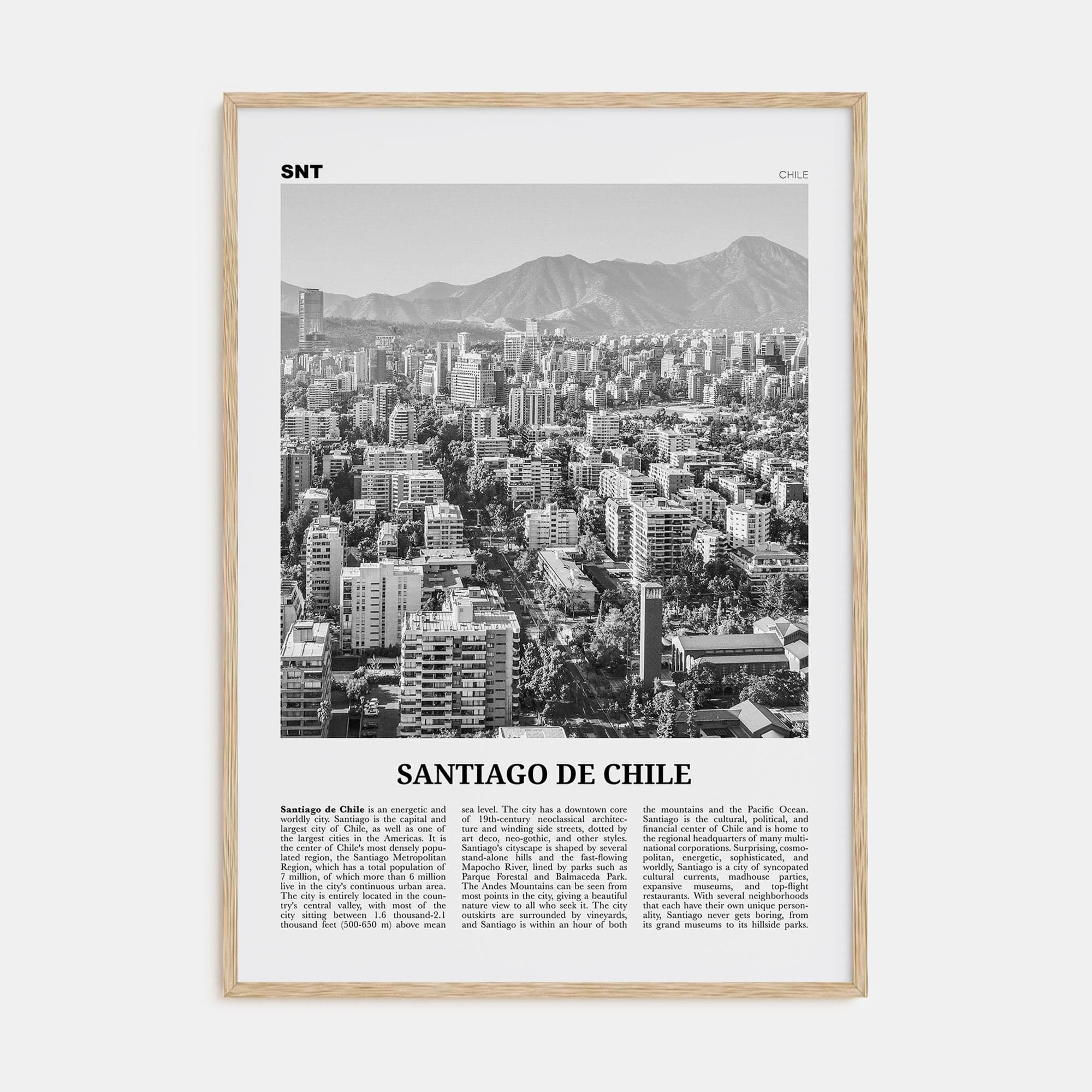 Santiago de Chile Poster Natural Wood / 8x12 in Nbourhood Travel B&W Poster