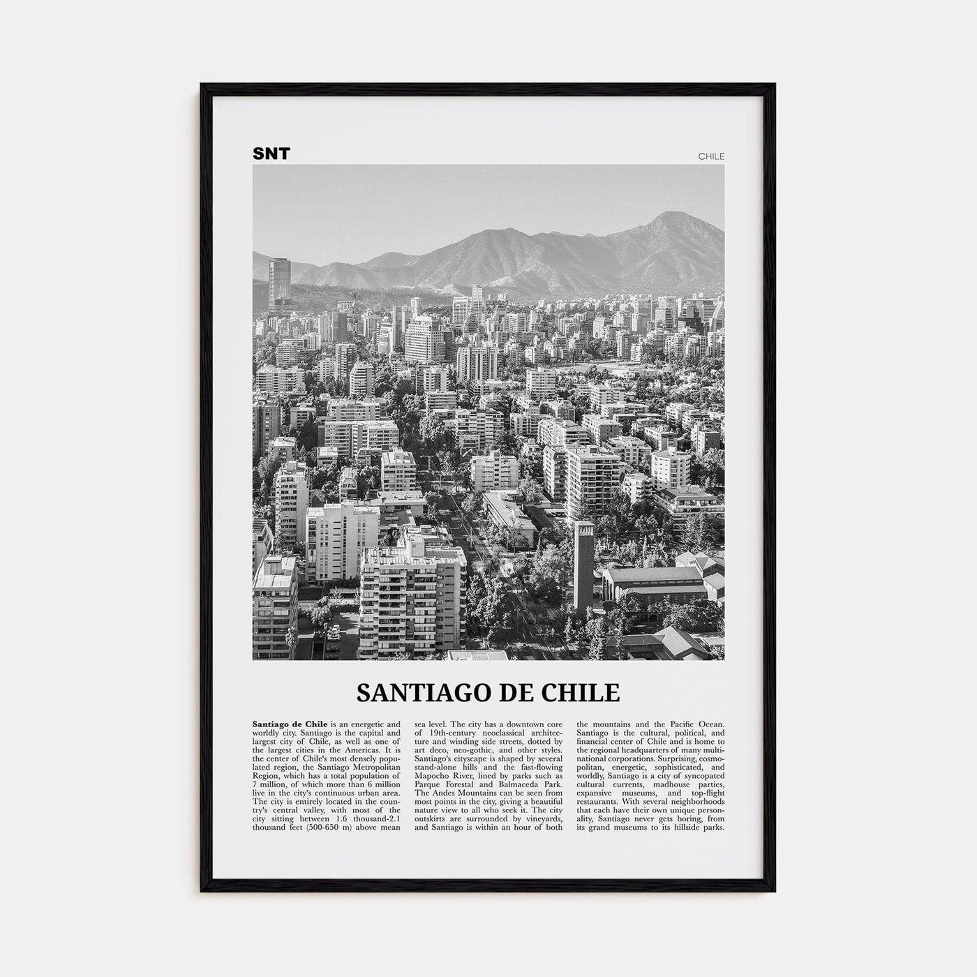 Santiago de Chile Poster Black Wood / 8x12 in Nbourhood Travel B&W Poster