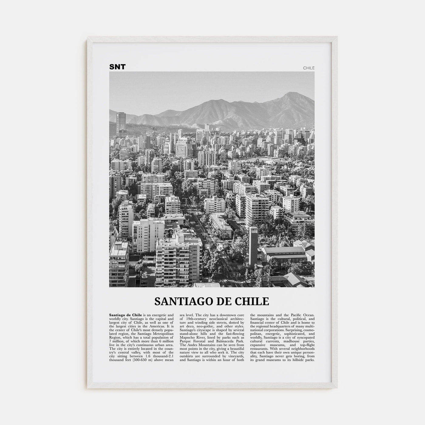 Santiago de Chile Poster White Wood / 8x12 in Nbourhood Travel B&W Poster