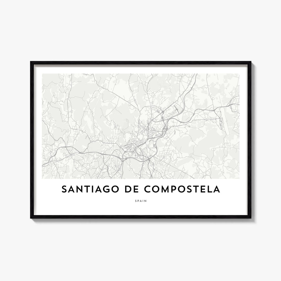 Santiago de Compostela black & white map poster of Spain – horizontal wall art, unframed print shown in interior mockup