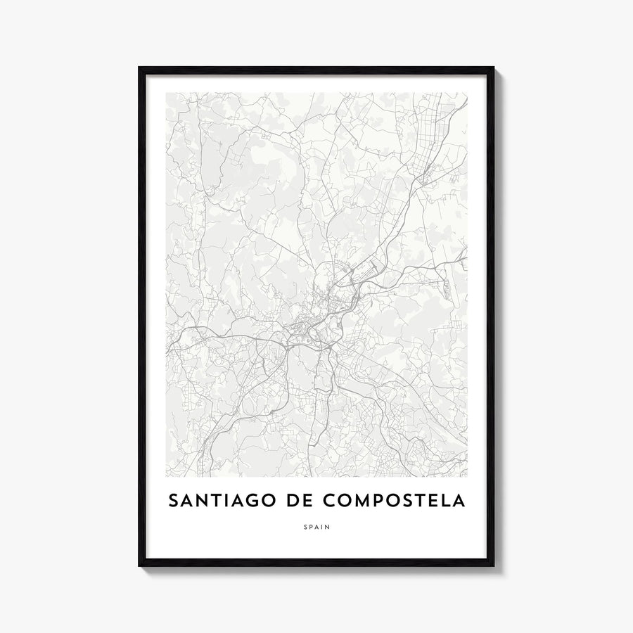 Santiago de Compostela black & white map poster of Spain – vertical wall art, unframed print shown in interior mockup