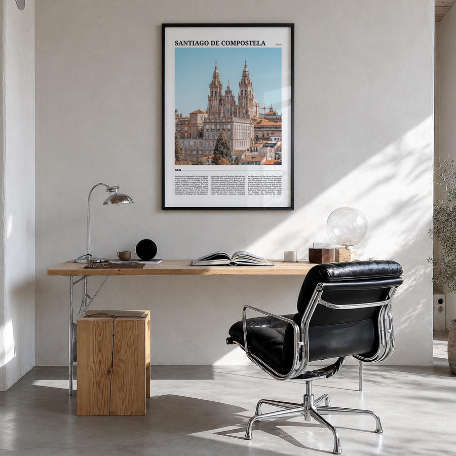 Santiago de Compostela colorful travel poster of Spain – vertical wall art in black wood frame, hanging on wall