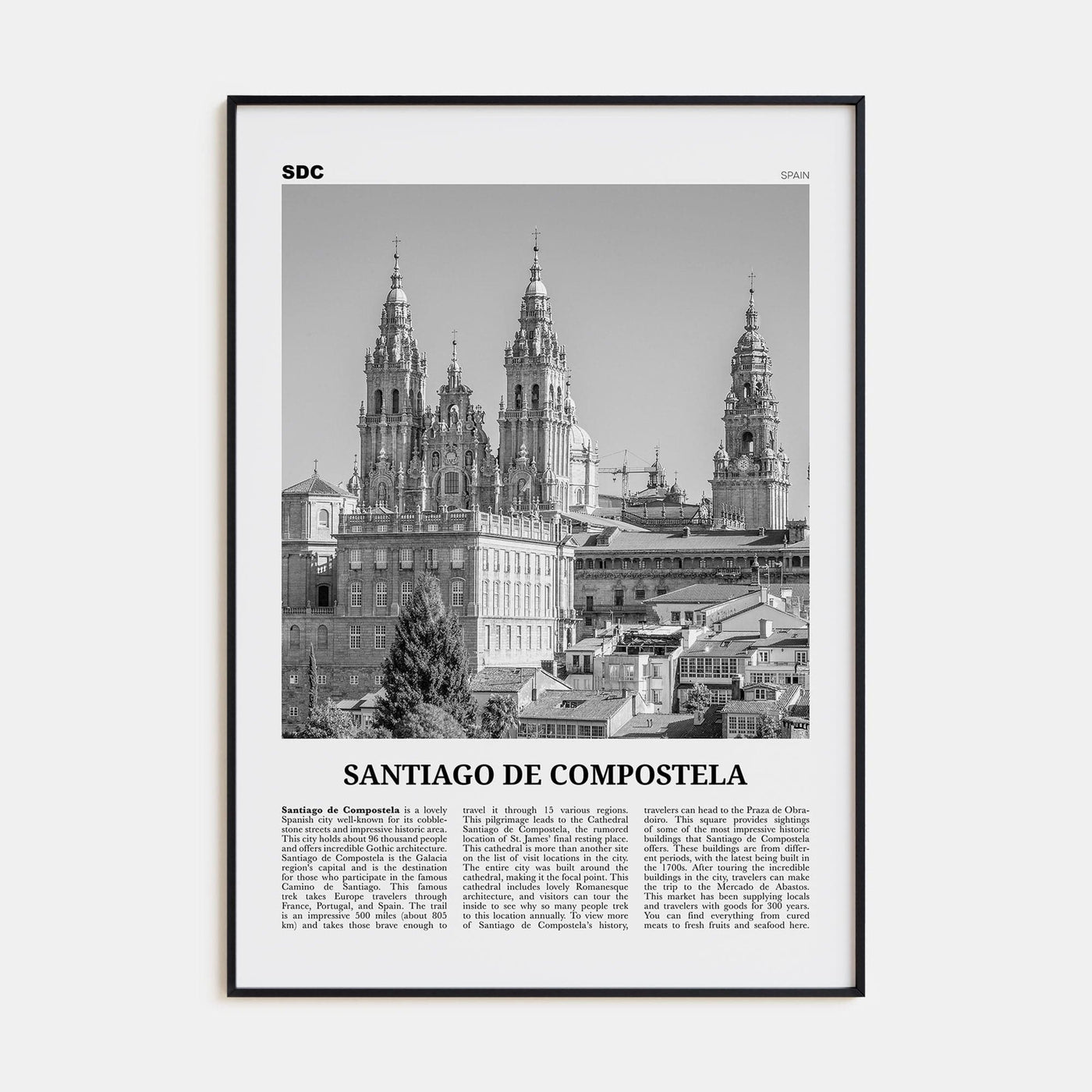 Santiago de Compostela Poster Black Metal / 8x12 in Nbourhood Travel B&W Poster