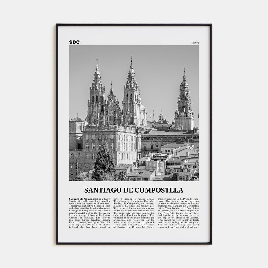 Santiago de Compostela Poster Black Metal / 8x12 in Nbourhood Travel B&W Poster