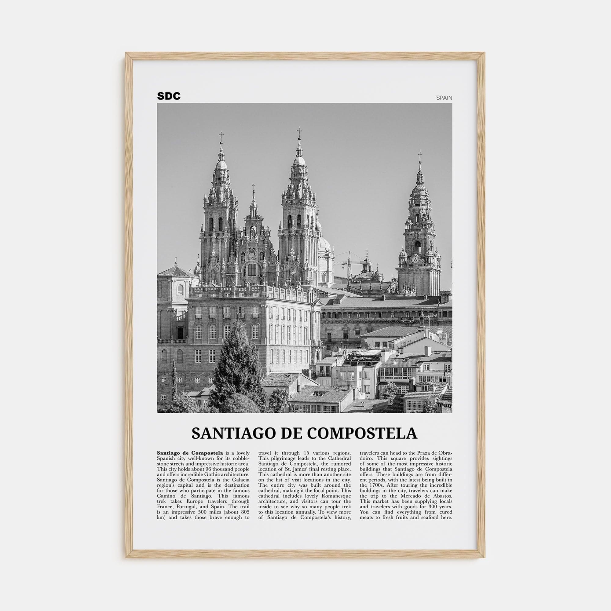 Santiago de Compostela Poster Natural Wood / 8x12 in Nbourhood Travel B&W Poster