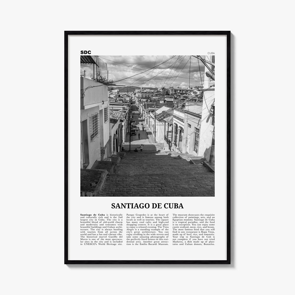 Santiago de Cuba black & white newspaper poster of Cuba – vertical wall art, unframed print shown in interior mockup