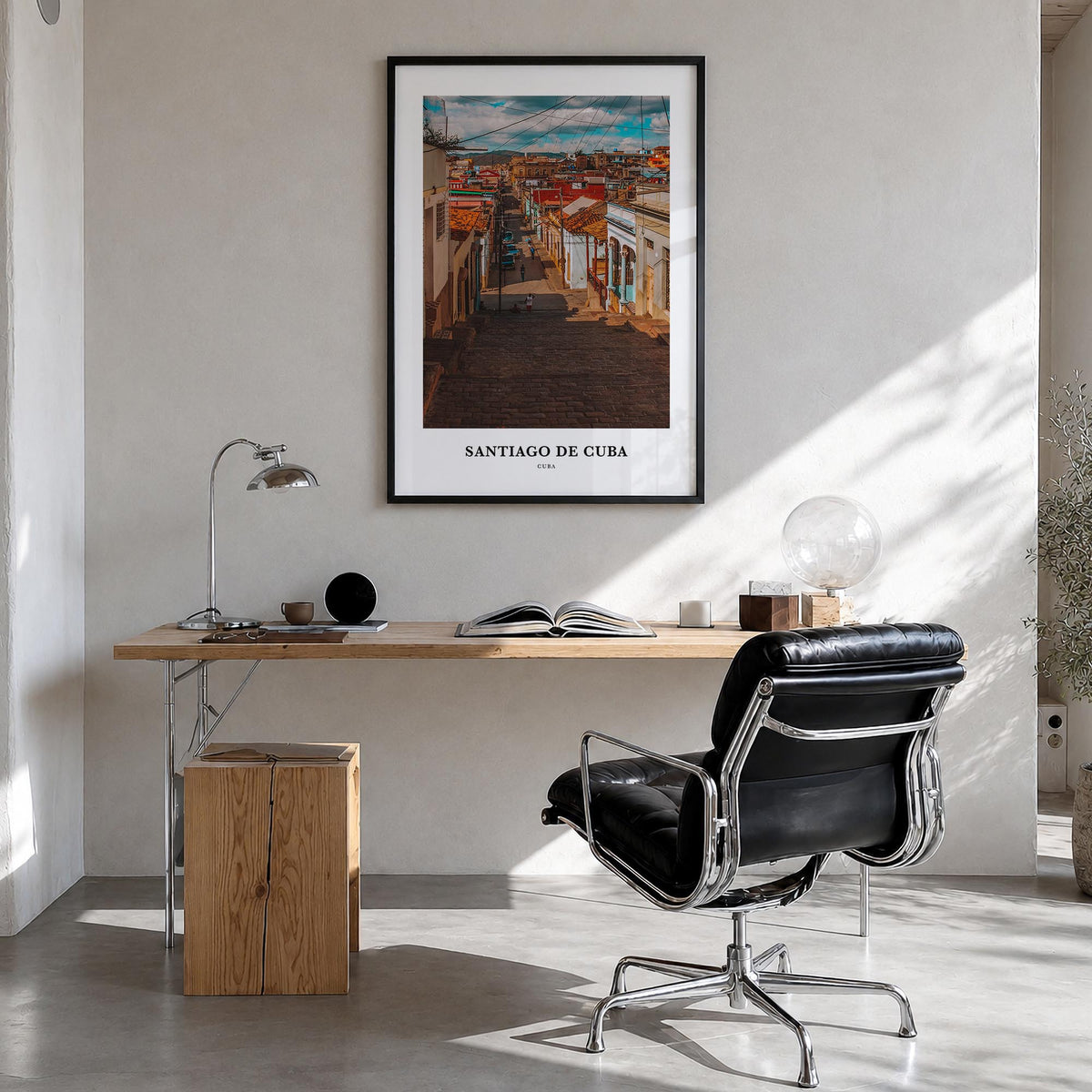 Santiago de Cuba colorful classic poster of Cuba – vertical wall art in black wood frame, hanging on wall