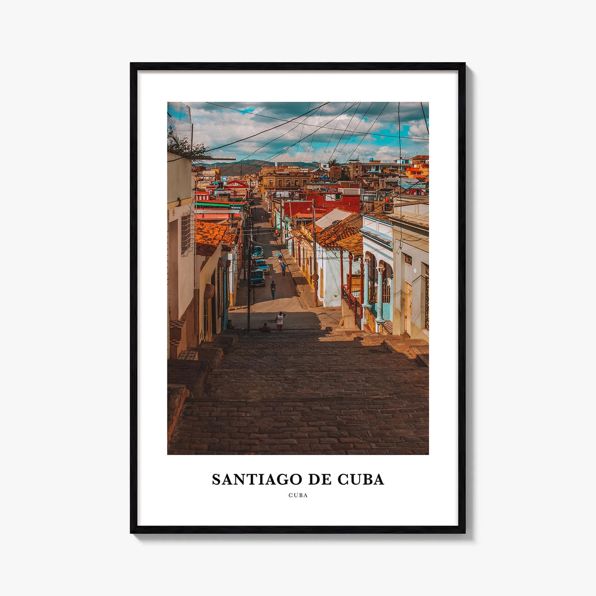 Santiago de Cuba colorful classic poster of Cuba – vertical wall art, unframed print shown in interior mockup