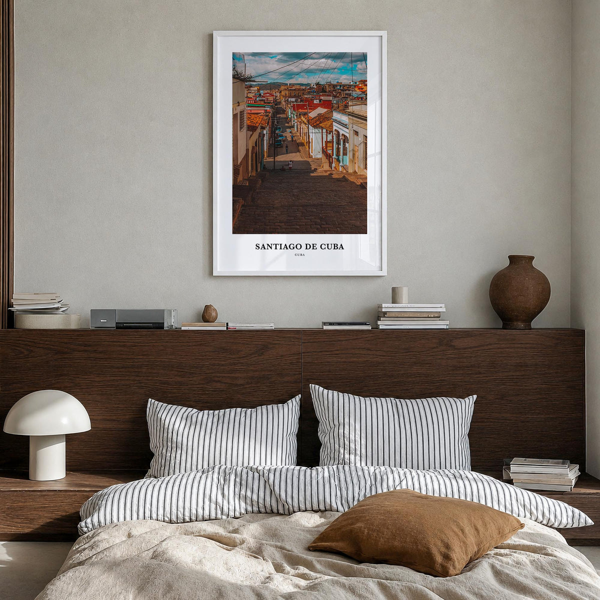 Santiago de Cuba colorful classic poster of Cuba – vertical wall art in white wood frame, hanging on wall