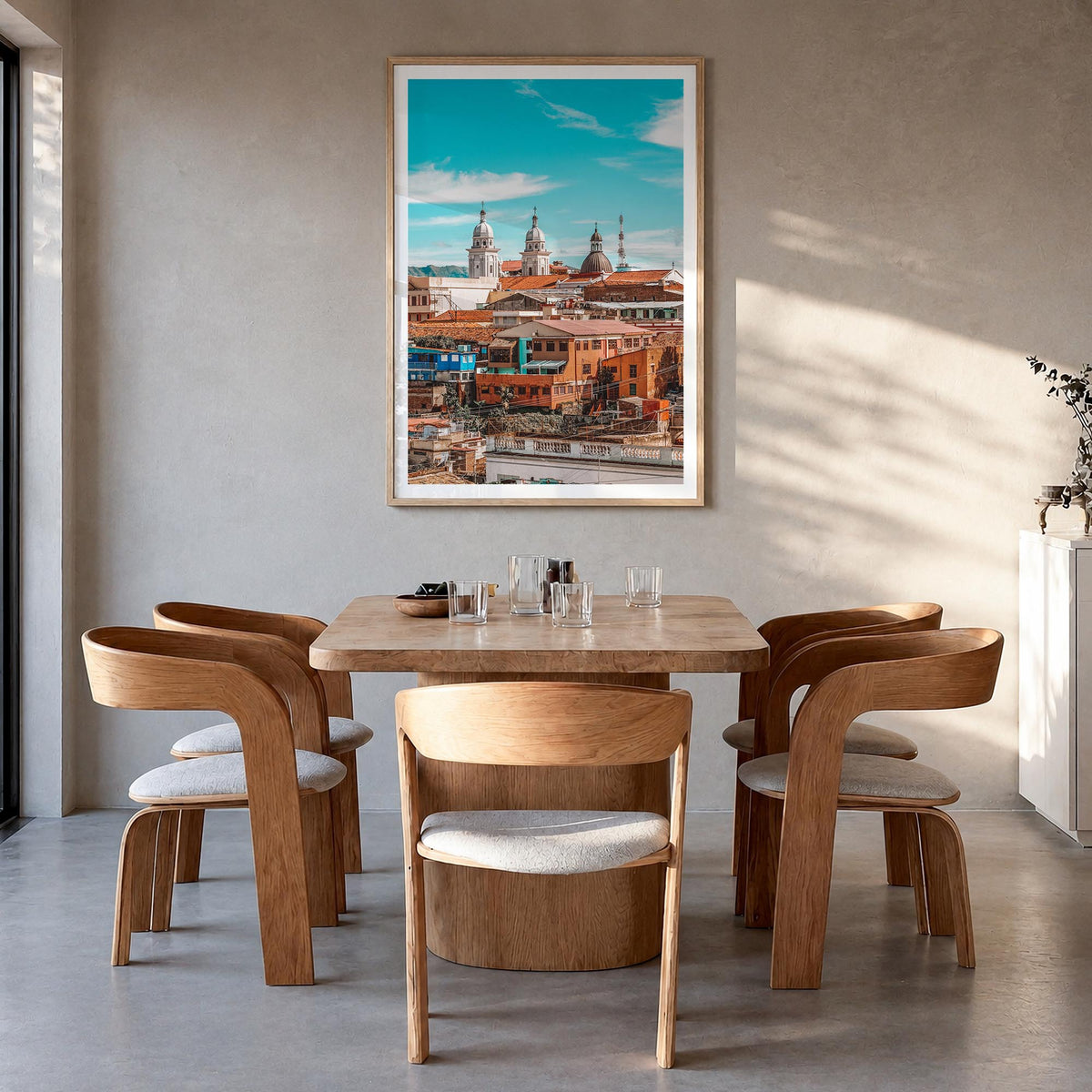 Santiago de Cuba colorful photo poster of Cuba – vertical wall art in natural wood frame with white border, hanging on wall