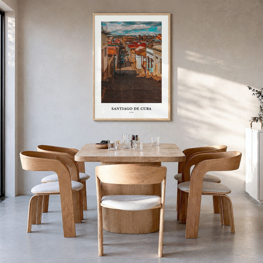 Santiago de Cuba Classic Poster in a natural wood frame, hanging in a dining room