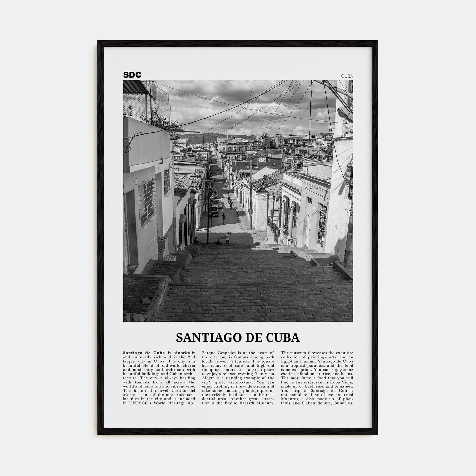 Santiago de Cuba Poster Black Wood / 8x12 in Nbourhood Travel B&W Poster