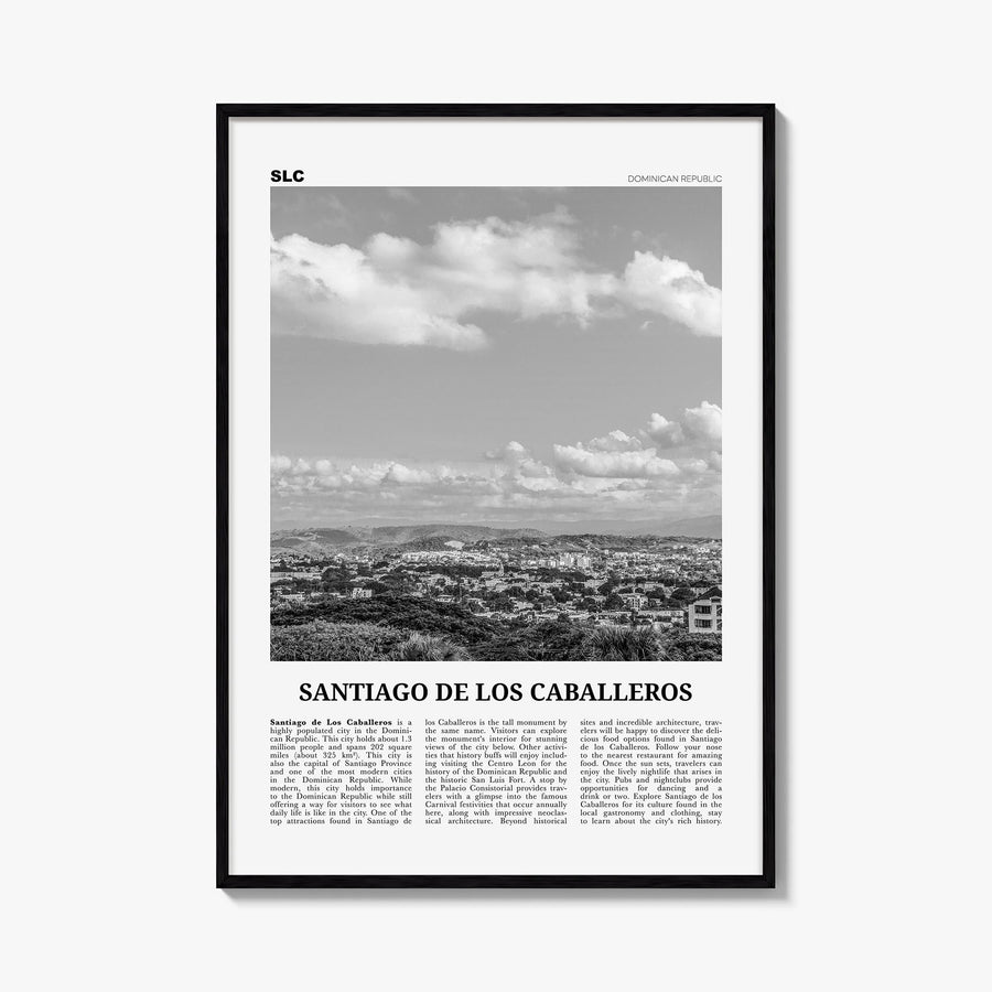 Santiago de los Caballeros black & white newspaper poster of Dominican Republic – vertical wall art, unframed print shown in 