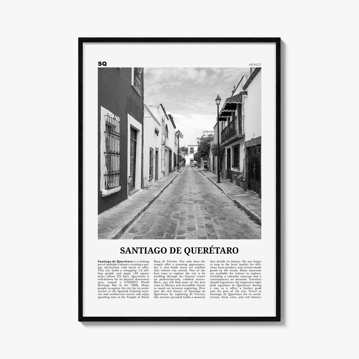 Santiago de Querétaro black & white newspaper poster of Mexico – vertical wall art, unframed print shown in interior mockup