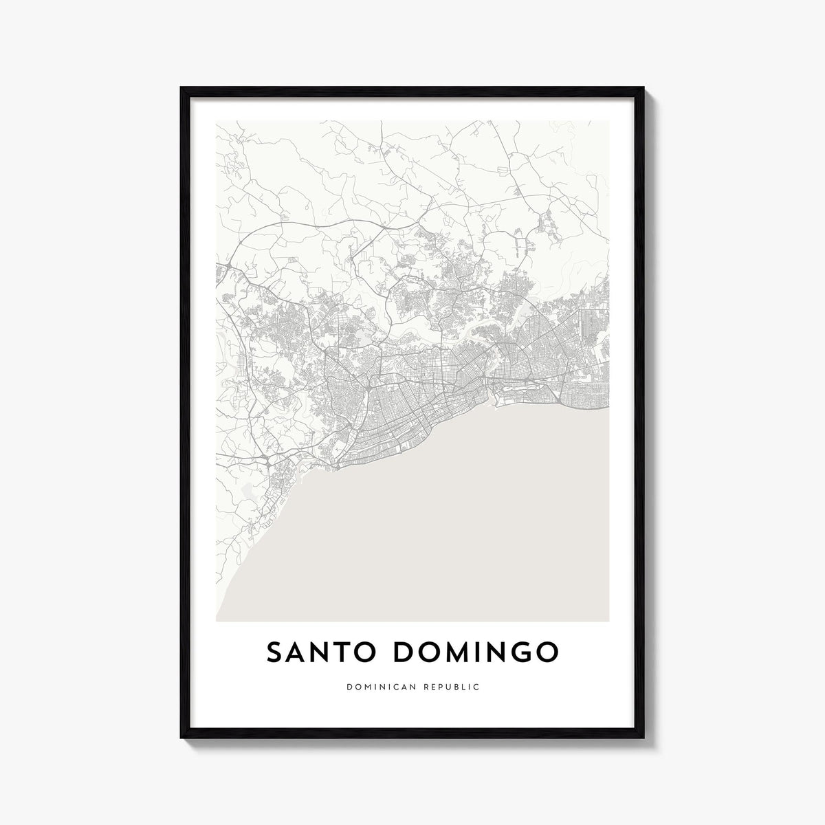 Santo Domingo black & white map poster of Dominican Republic – vertical wall art, unframed print shown in interior mockup