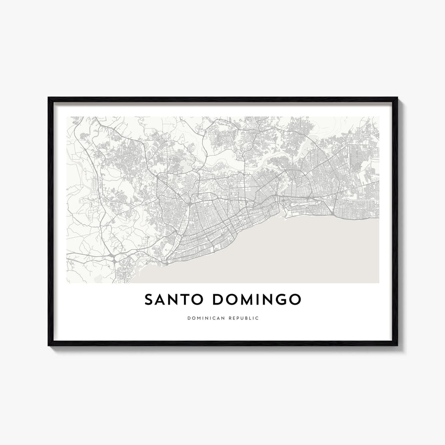 Santo Domingo black & white map poster of Dominican Republic – horizontal wall art, unframed print shown in interior mockup