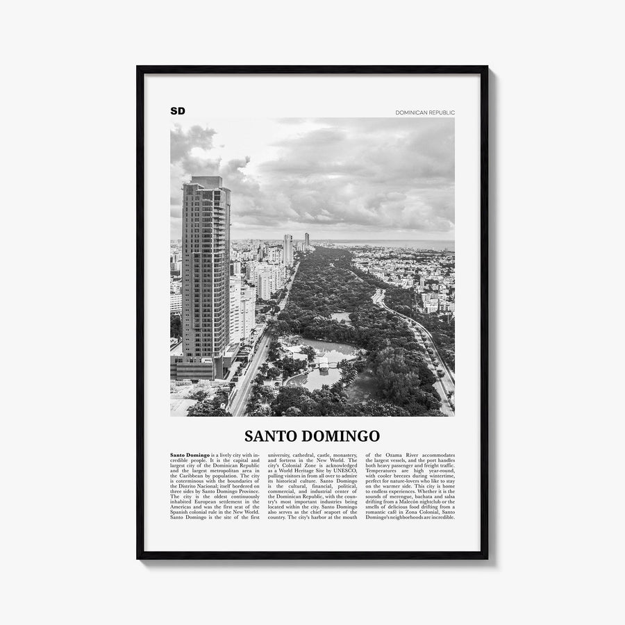 Santo Domingo black & white newspaper poster of Dominican Republic – vertical wall art, unframed print shown in interior mock