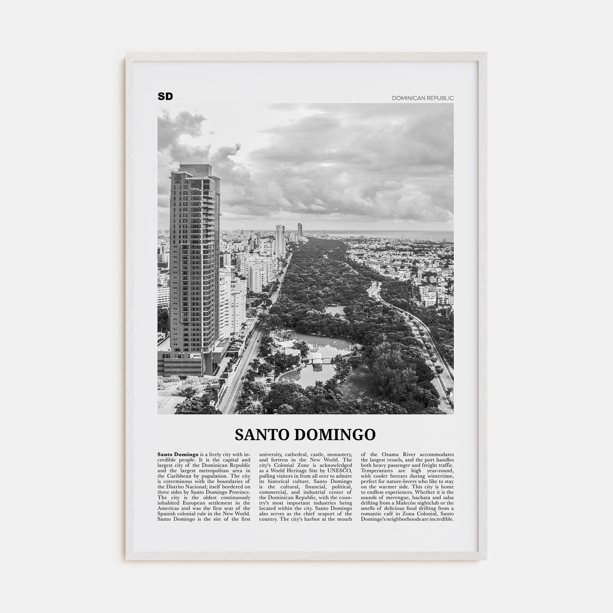 Santo Domingo Poster White Wood / 8x12 in Nbourhood Travel B&W Poster