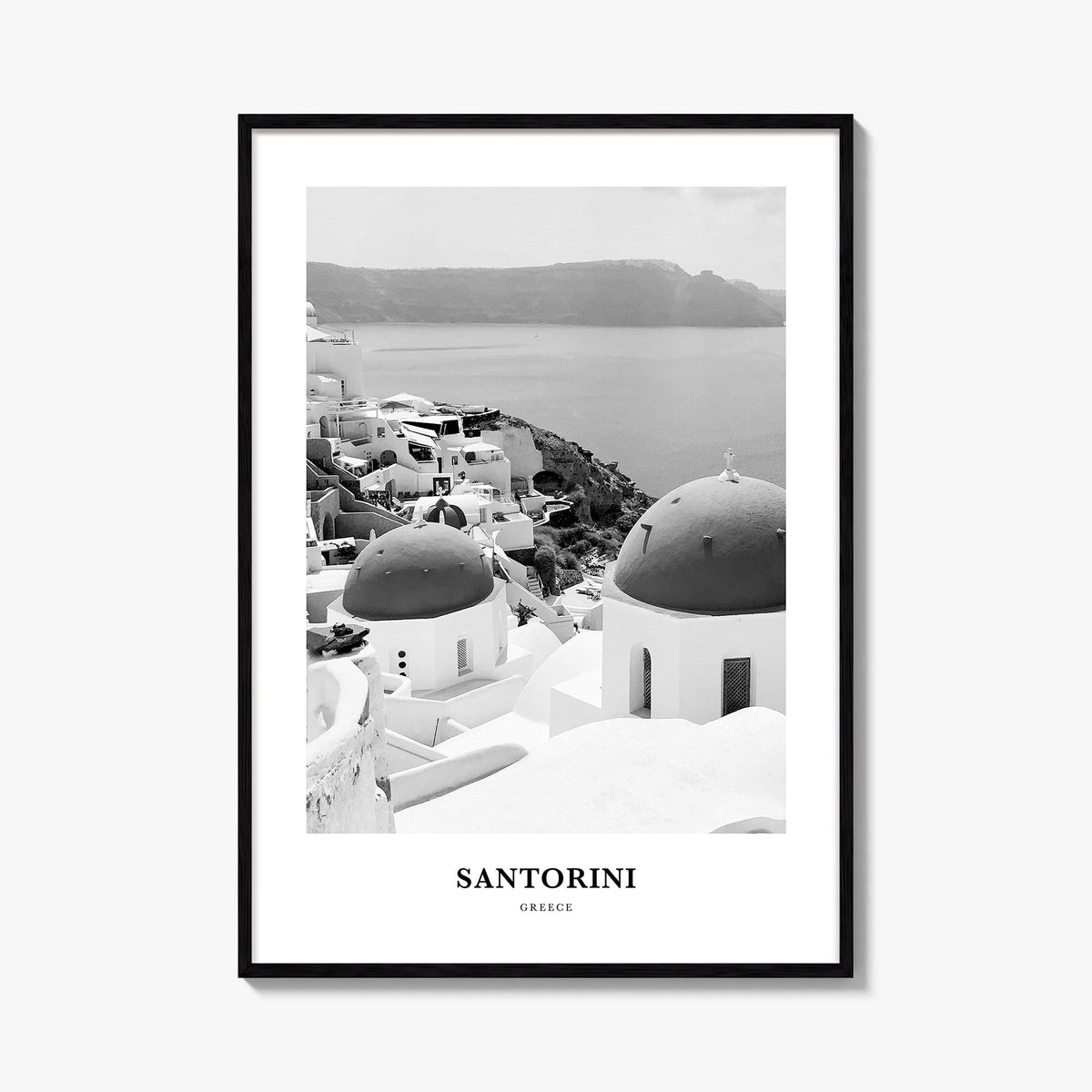 Santorini black & white classic poster of Greece – vertical wall art, unframed print shown in interior mockup