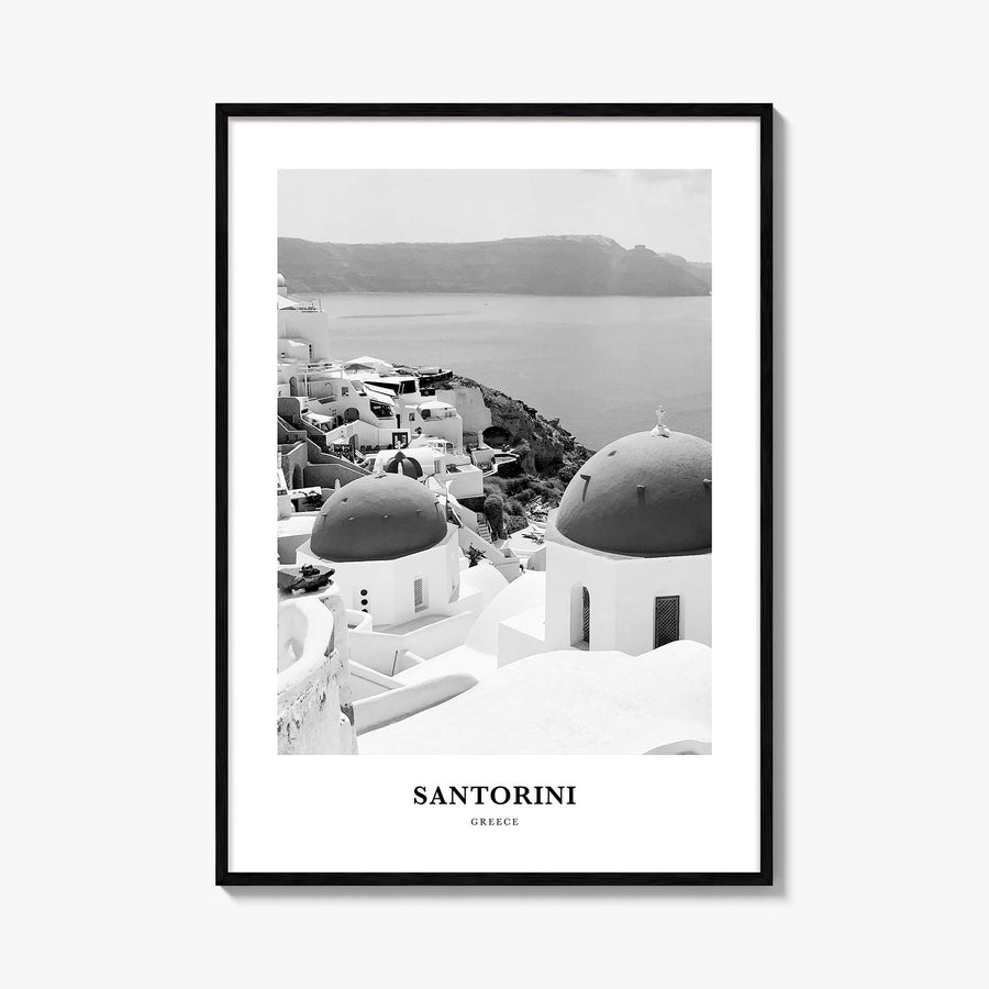 Santorini black & white classic poster of Greece – vertical wall art, unframed print shown in interior mockup