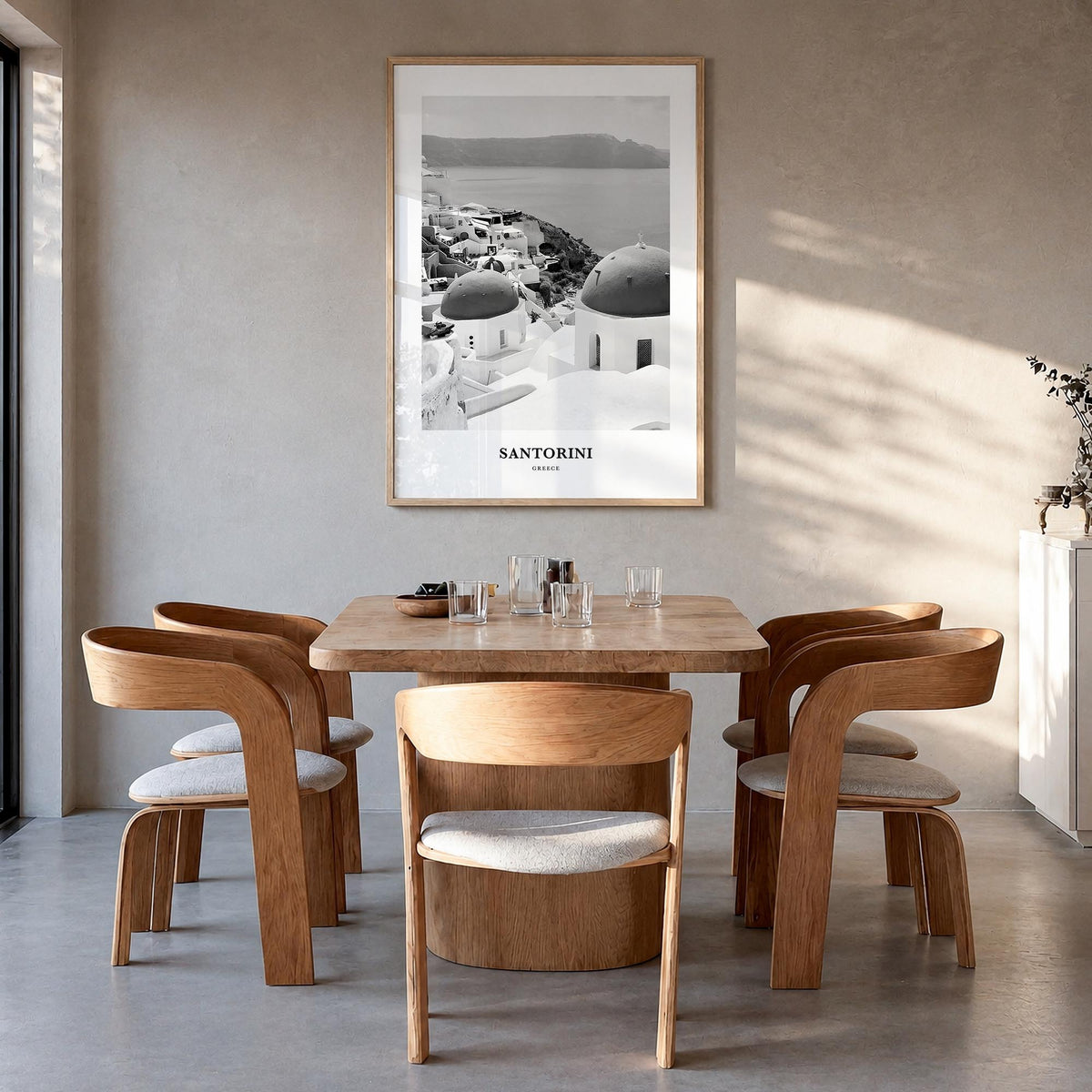 Santorini black & white classic poster of Greece – vertical wall art in natural wood frame, hanging on wall