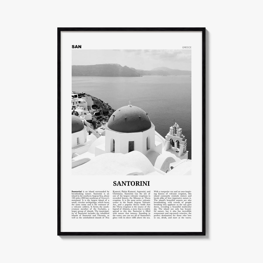 Santorini black & white newspaper poster of Greece – vertical wall art, unframed print shown in interior mockup