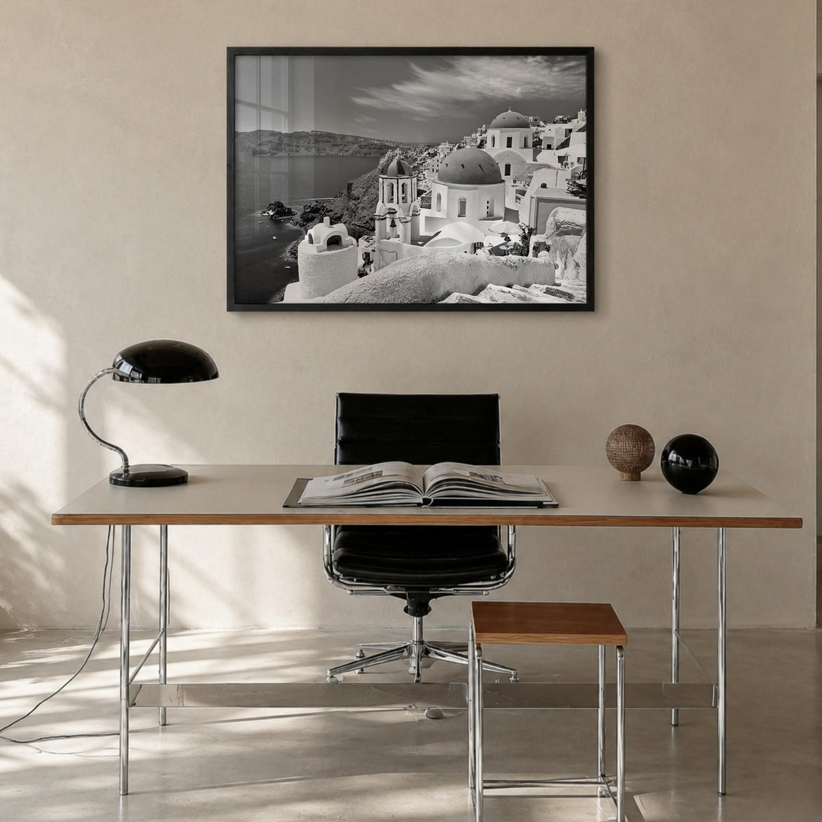 Santorini black & white photo poster of Greece – horizontal wall art in black wood frame, hanging on wall