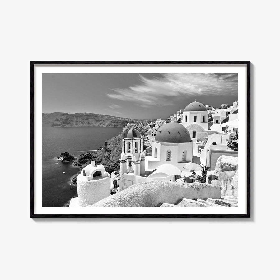 Santorini black & white photo poster of Greece – horizontal wall art, unframed print shown in interior mockup