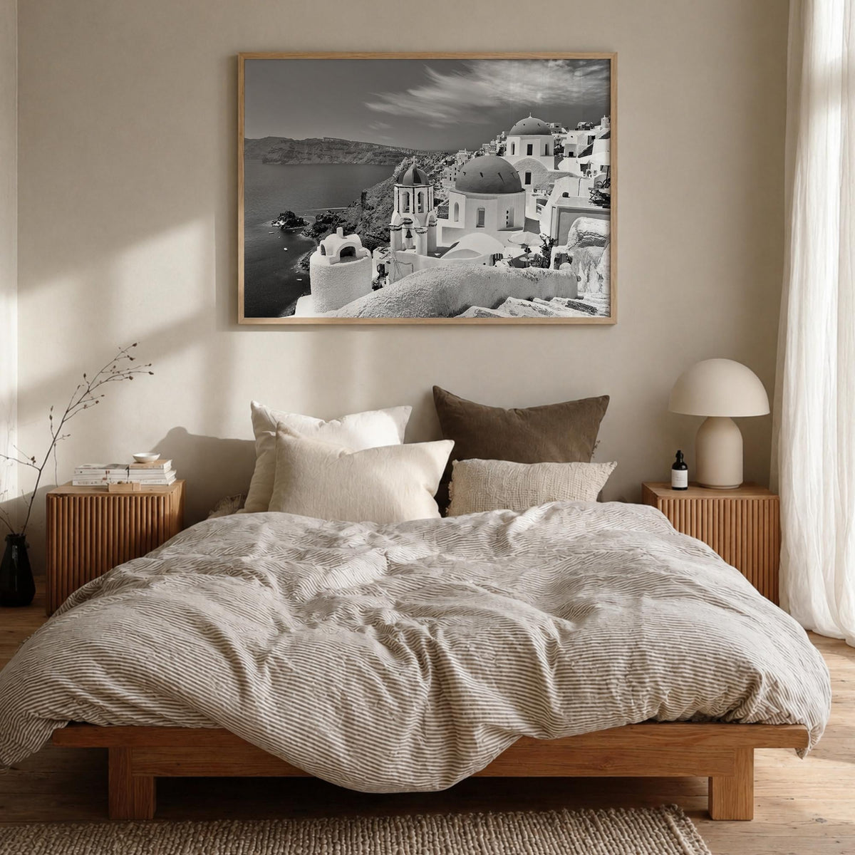 Santorini black & white photo poster of Greece – horizontal wall art in natural wood frame, hanging on wall