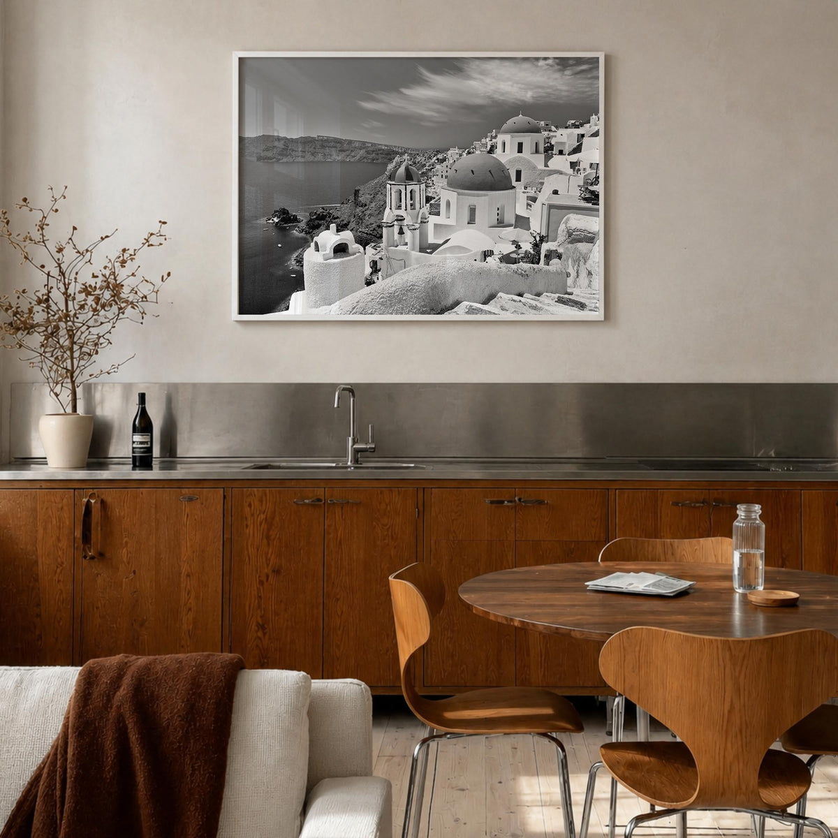 Santorini black & white photo poster of Greece – horizontal wall art in white wood frame, hanging on wall