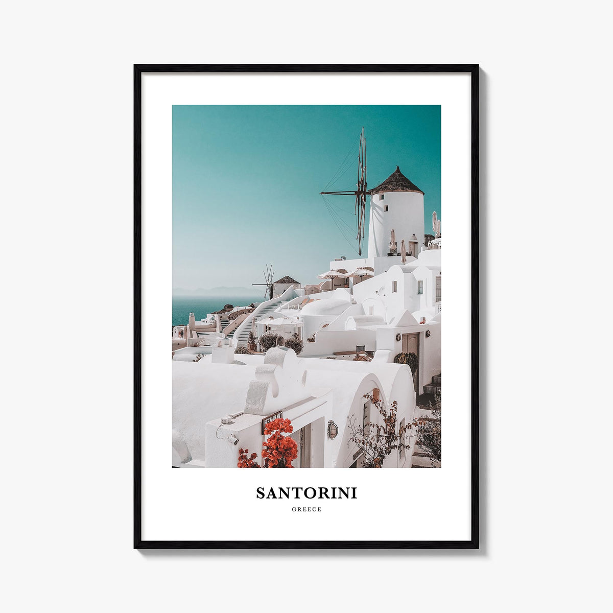 Santorini colorful classic poster of Greece – vertical wall art, unframed print shown in interior mockup