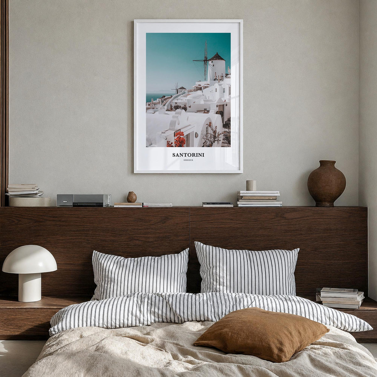 Santorini colorful classic poster of Greece – vertical wall art in white wood frame, hanging on wall