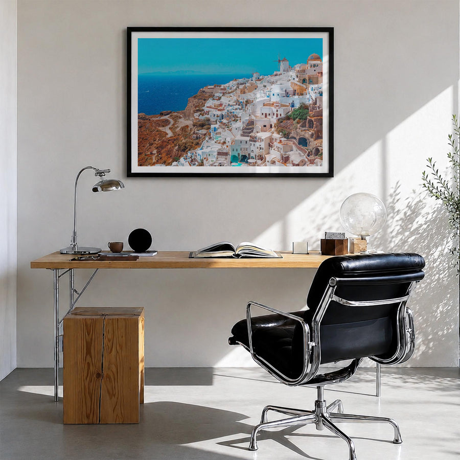 Santorini colorful photo poster of Greece – horizontal wall art in black wood frame with white border, hanging on wall