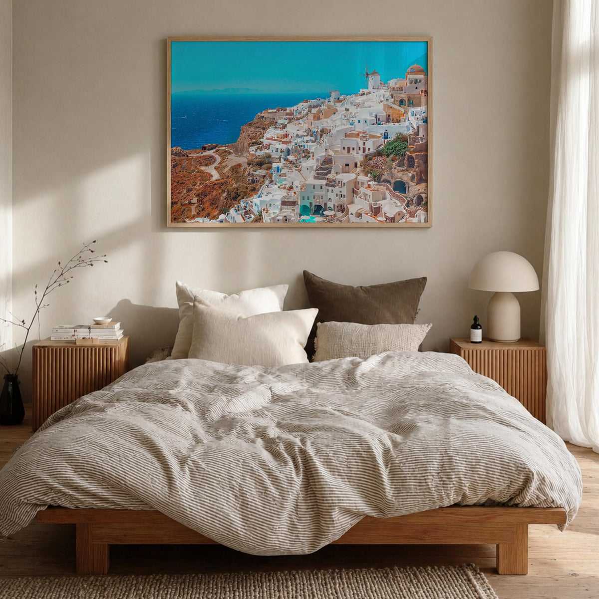 Santorini colorful photo poster of Greece – horizontal wall art in natural wood frame, hanging on wall