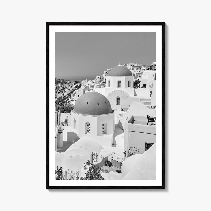Santorini no. 1 black & white photo poster of Greece – vertical wall art, unframed print shown in interior mockup