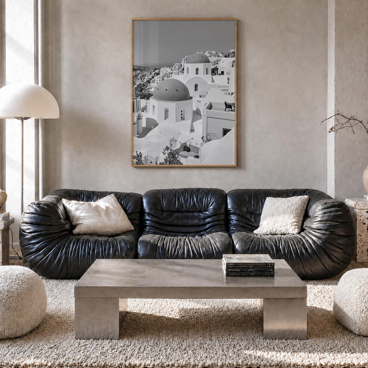 Santorini no. 1 black & white photo poster of Greece – vertical wall art in natural wood frame, hanging on wall