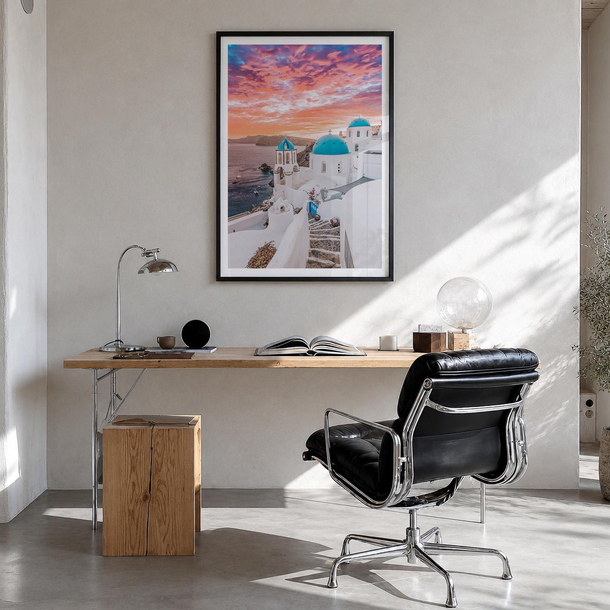 Santorini no. 1 colorful photo poster of Greece – vertical wall art in black wood frame with white border, hanging on wall